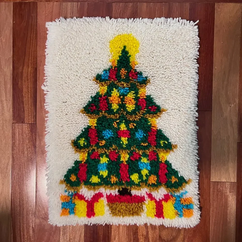Vintage Latch Hook Christmas Tree Rug Wall Art 1970s Retro Kitschy